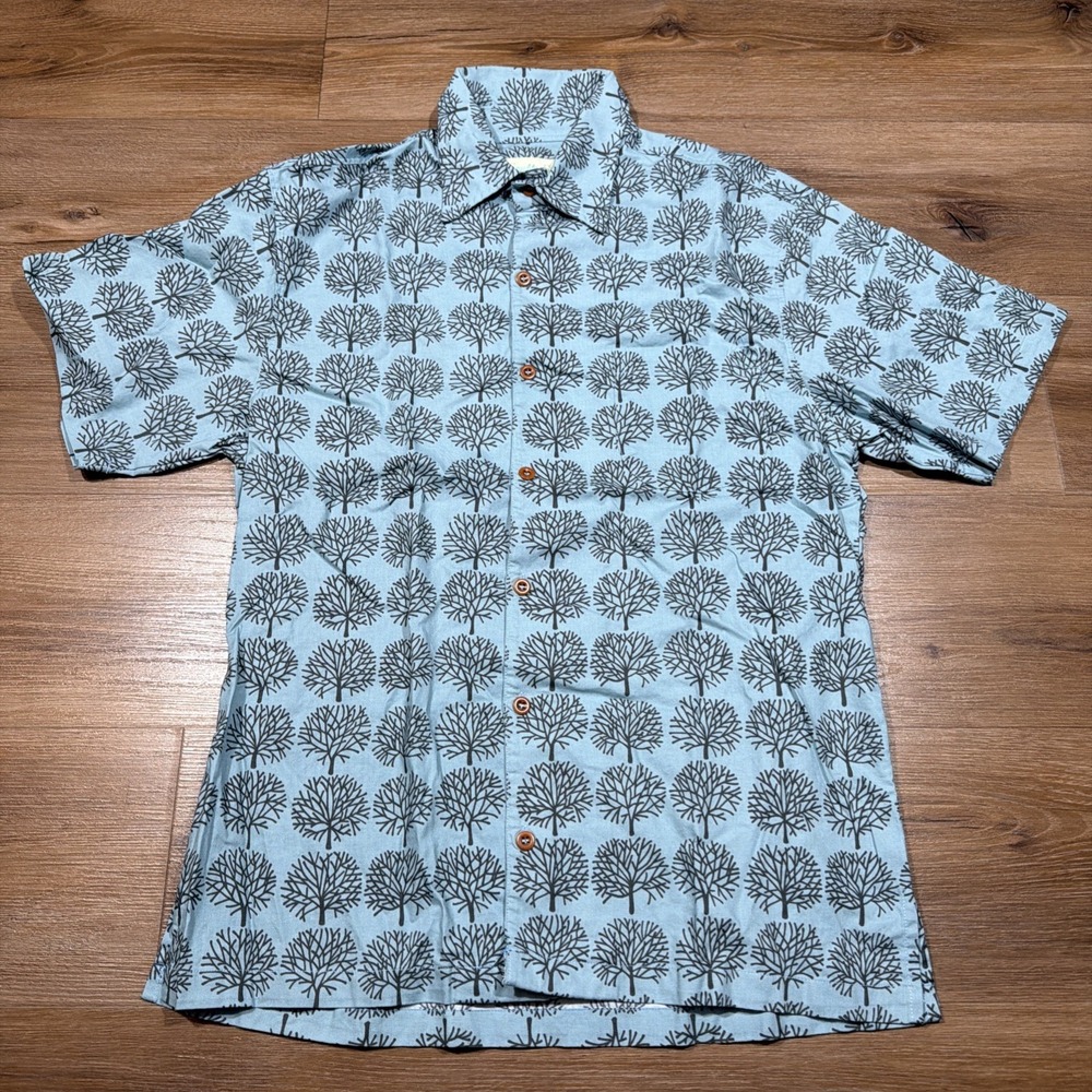 Sayulita Shirt Company Mens SMALL Tree Hawaiian Camp SS Button Up AOP Blue Short